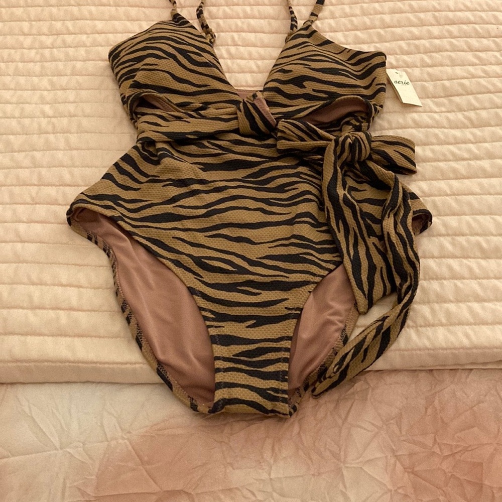 Aerie Tiger Print Pique One Piece Wrap Swimsuit